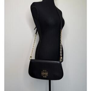 Tory Burch Britten Crossbody Black Leather Gold Chain Logo Clutch Bag